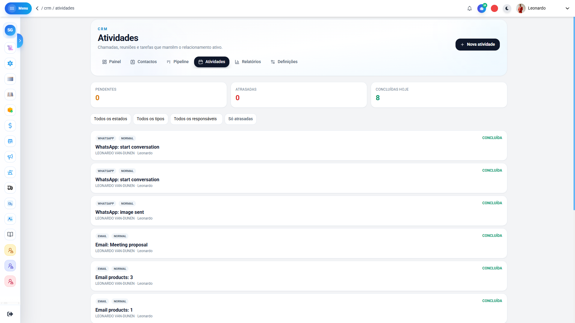 Atividades CRM SIGESC — tarefas, follow-ups e agenda comercial