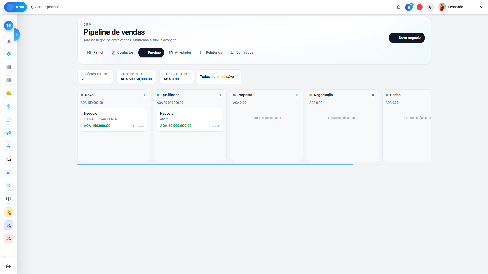 Pipeline de vendas CRM SIGESC — etapas do funil comercial